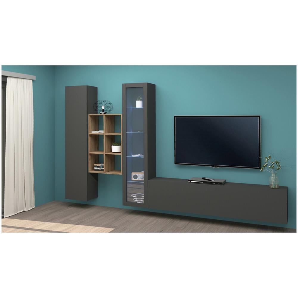 Parete Attrezzata Eugenio, Set Salotto Porta Tv A 3 Ante, Mobile Soggiorno Multiuso Con Vetrina E Luce Led, 100% Made In Italy, Cm 320x30h180, Antracite - Foto 1
