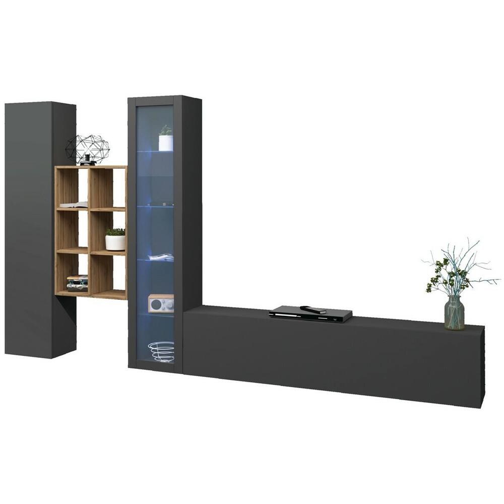 Parete Attrezzata Eugenio, Set Salotto Porta Tv A 3 Ante, Mobile Soggiorno Multiuso Con Vetrina E Luce Led, 100% Made In Italy, Cm 320x30h180, Antracite - Foto 2