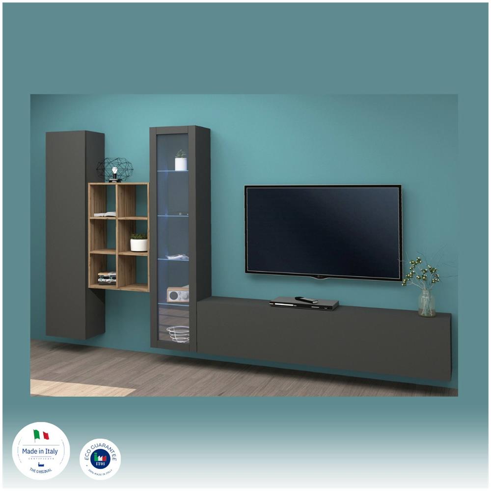 Parete Attrezzata Eugenio, Set Salotto Porta Tv A 3 Ante, Mobile Soggiorno Multiuso Con Vetrina E Luce Led, 100% Made In Italy, Cm 320x30h180, Antracite - Foto 4