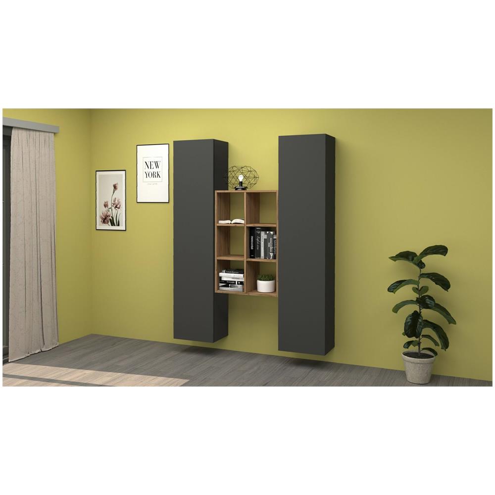 Credenza Franco, Set Da Soggiorno A 2 Ante E Ripiani, Buffet Da Soggiorno, Madia Da Cucina, 100% Made In Italy, Cm 140x30h180, Antracite E Acero - Foto 1