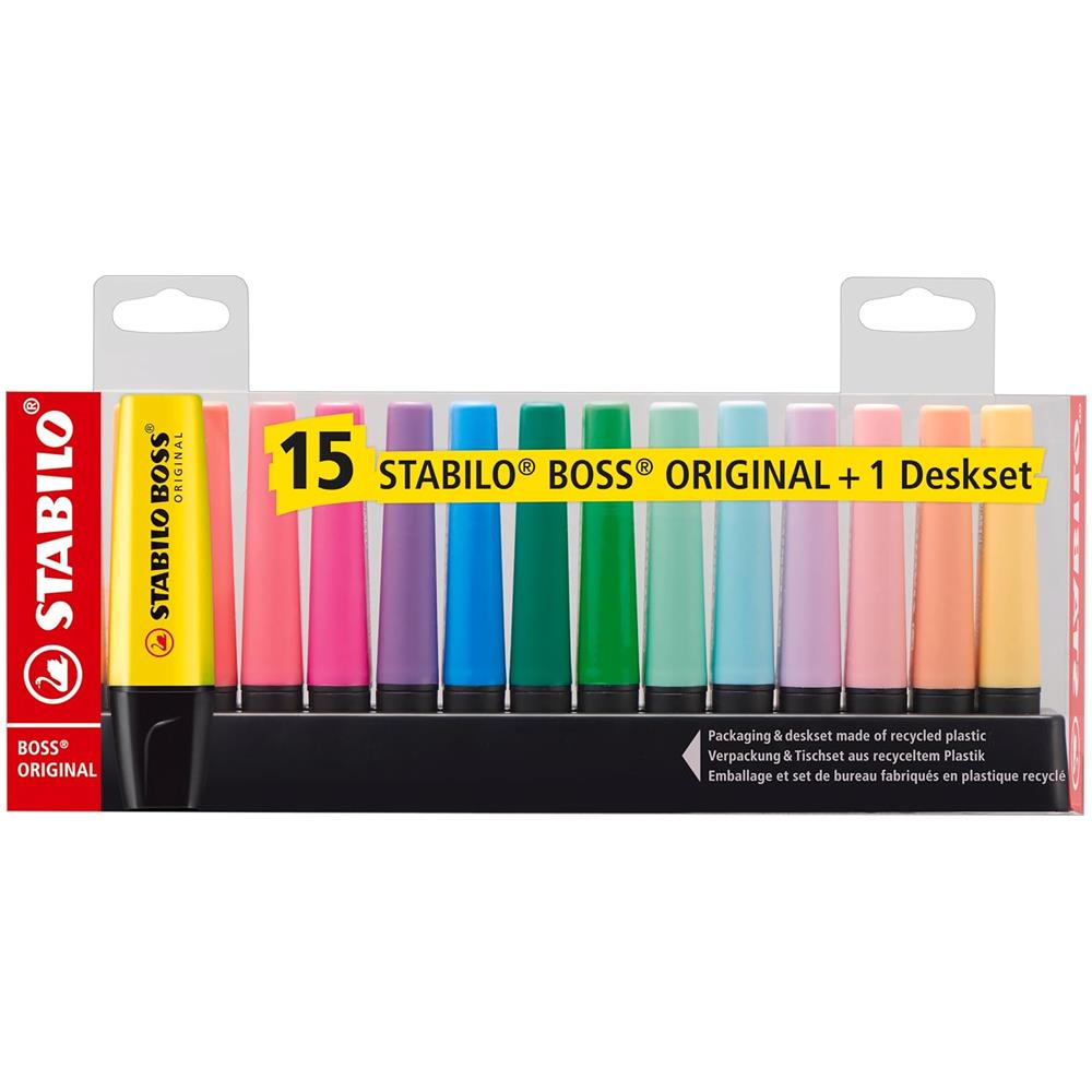 BOSS ORIGINAL - Evidenziatore - Desk-Set - 15 Colori Assortiti 9 NEON + 6 Pastel - Foto 2