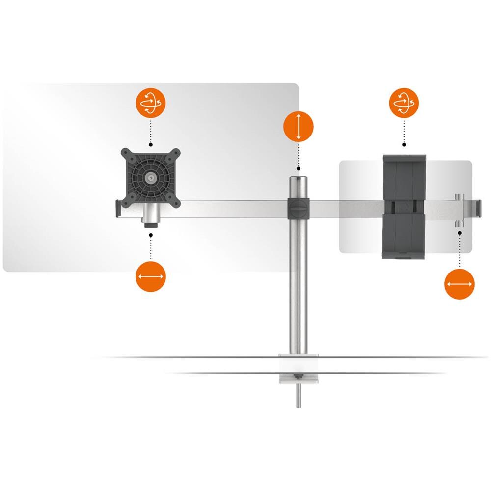 508723 Supporto Per Monitor 508723 Per 1 Monitor E 1 Tablet, Scorrevole, Supporto Vesa Ruotabile A 360° Per Schermo Vesa 21-27"", Tablet 7-13 Pollici, Morsetto Da Tavolo, Argento - Foto 2