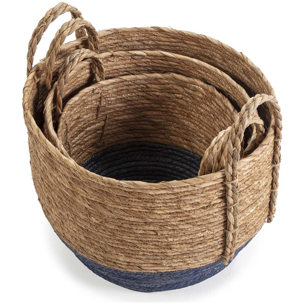 Set Di 3 Cestini Iria In Fibra Naturale Con Manici, Blu /naturale - Foto 2
