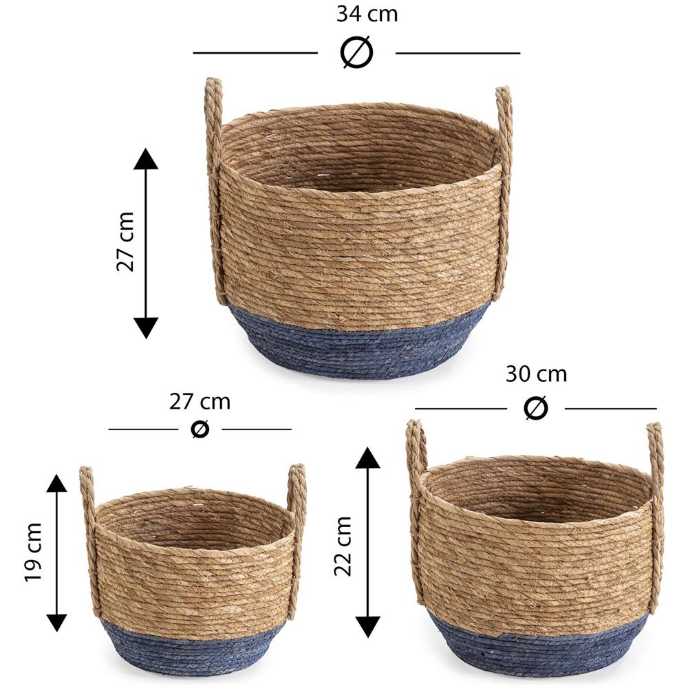 Set Di 3 Cestini Iria In Fibra Naturale Con Manici, Blu /naturale - Foto 5