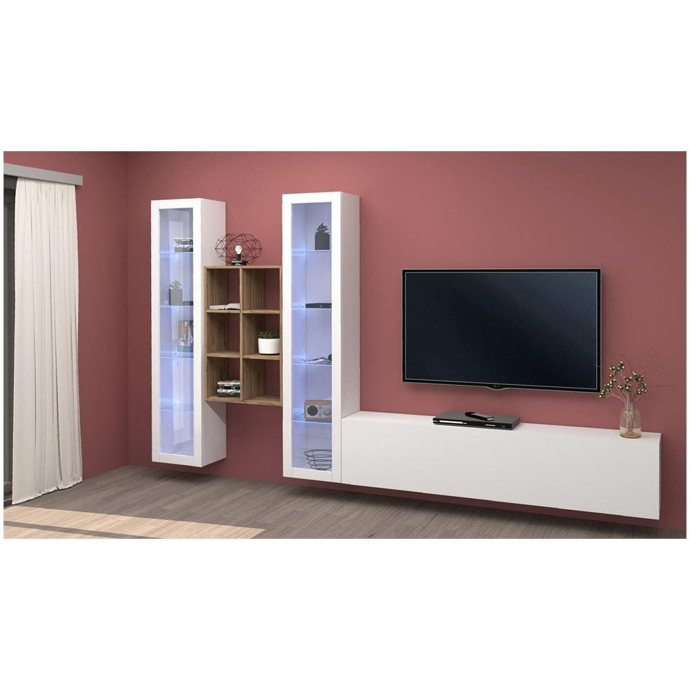 Parete Attrezzata Eros, Set Salotto Porta Tv A 3 Ante, Mobile Soggiorno Multiuso Con Vetrina E Luce Led, 100% Made In Italy, Cm 320x30h180, Bianco Lucido - Foto 1