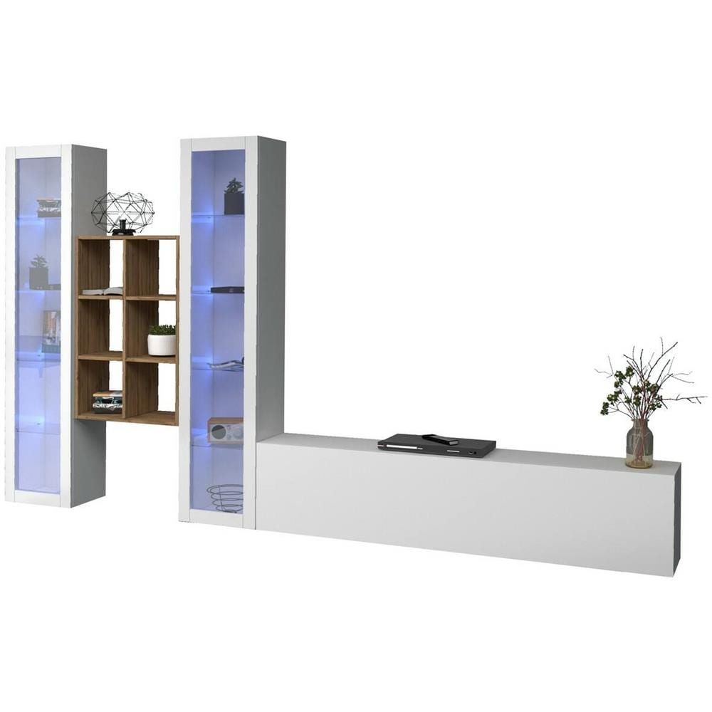 Parete Attrezzata Eros, Set Salotto Porta Tv A 3 Ante, Mobile Soggiorno Multiuso Con Vetrina E Luce Led, 100% Made In Italy, Cm 320x30h180, Bianco Lucido - Foto 2