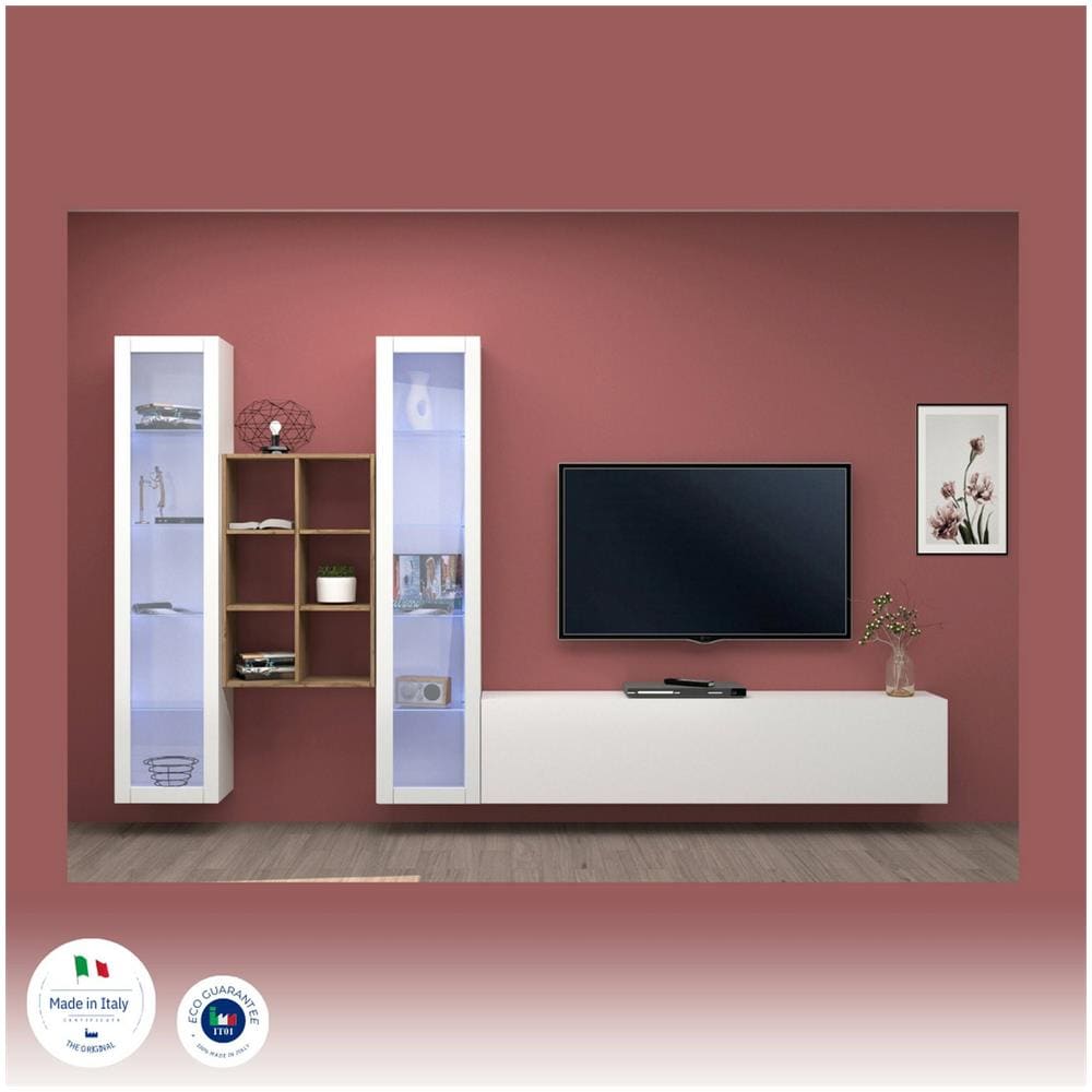 Parete Attrezzata Eros, Set Salotto Porta Tv A 3 Ante, Mobile Soggiorno Multiuso Con Vetrina E Luce Led, 100% Made In Italy, Cm 320x30h180, Bianco Lucido - Foto 4