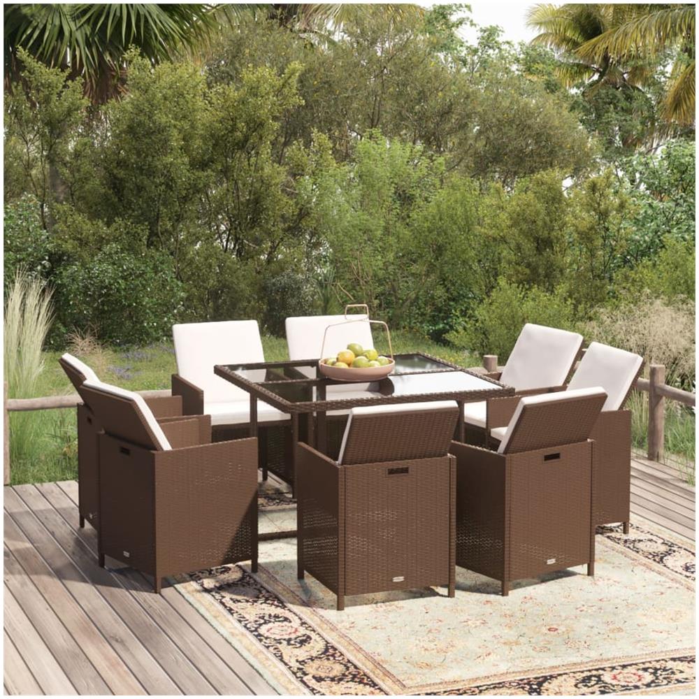 Set Da Pranzo Per Giardino 9 Pz Con Cuscini Polyrattan Marrone - Foto 1