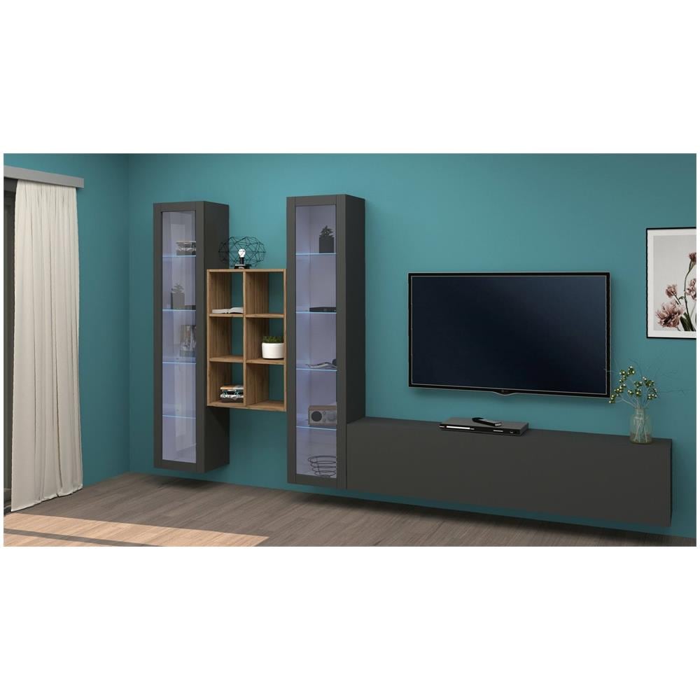 Parete Attrezzata Eros, Set Salotto Porta Tv A 3 Ante, Mobile Soggiorno Multiuso Con Vetrina E Luce Led, 100% Made In Italy, Cm 320x30h180, Antracite - Foto 1