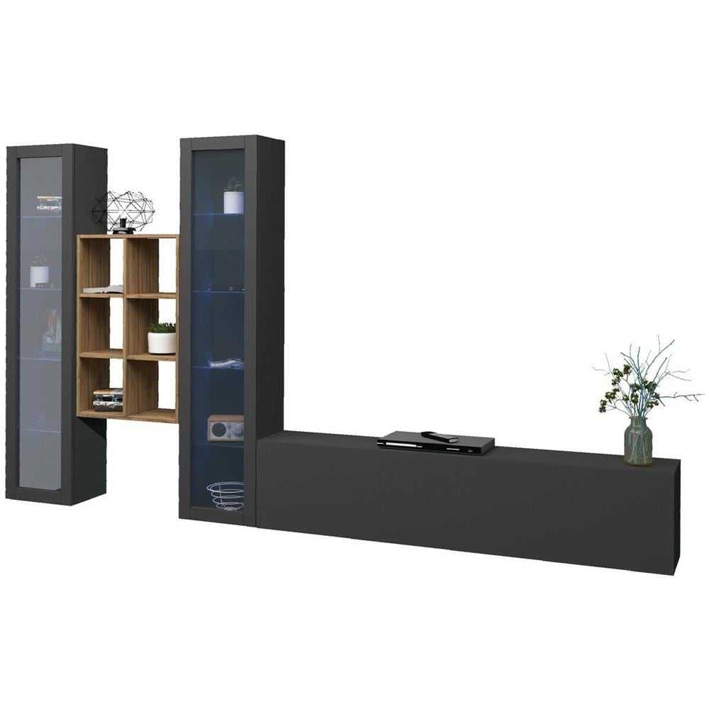 Parete Attrezzata Eros, Set Salotto Porta Tv A 3 Ante, Mobile Soggiorno Multiuso Con Vetrina E Luce Led, 100% Made In Italy, Cm 320x30h180, Antracite - Foto 2