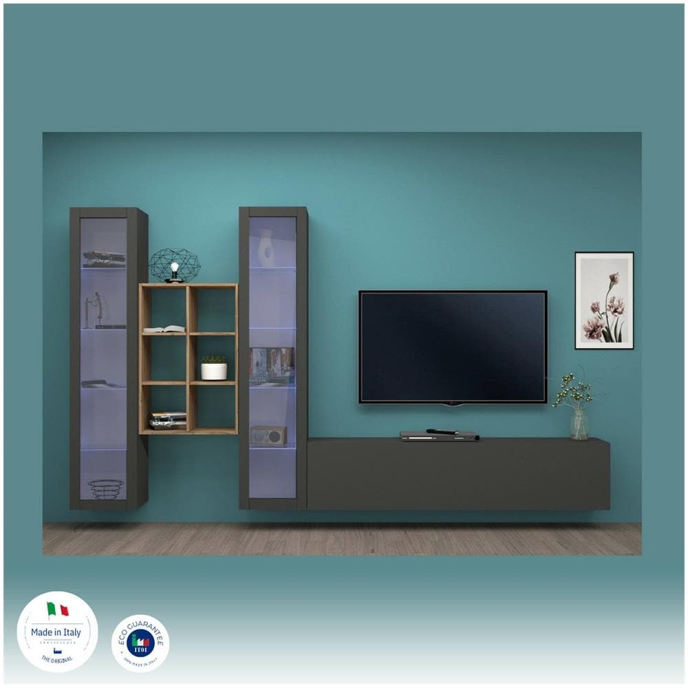Parete Attrezzata Eros, Set Salotto Porta Tv A 3 Ante, Mobile Soggiorno Multiuso Con Vetrina E Luce Led, 100% Made In Italy, Cm 320x30h180, Antracite - Foto 4