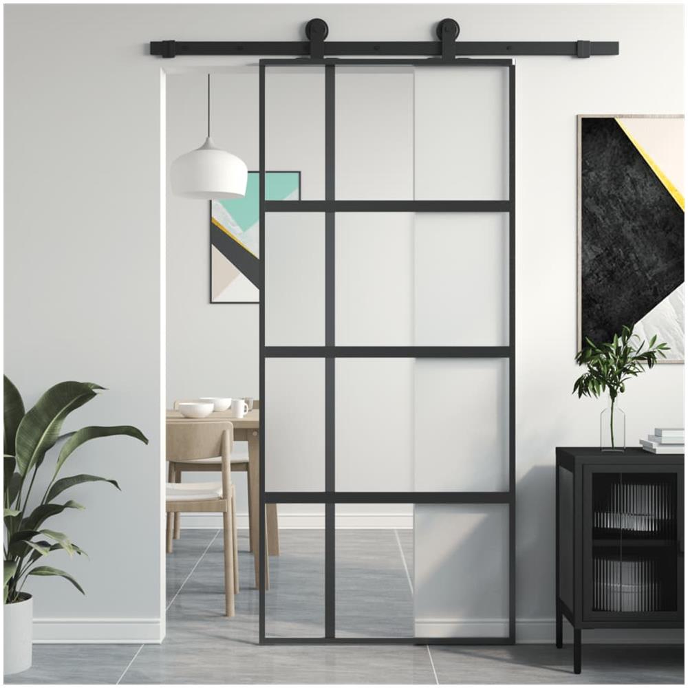 Porta Scorrevole Nera 90x205 Cm In Vetro Temperato E Alluminio - Foto 1