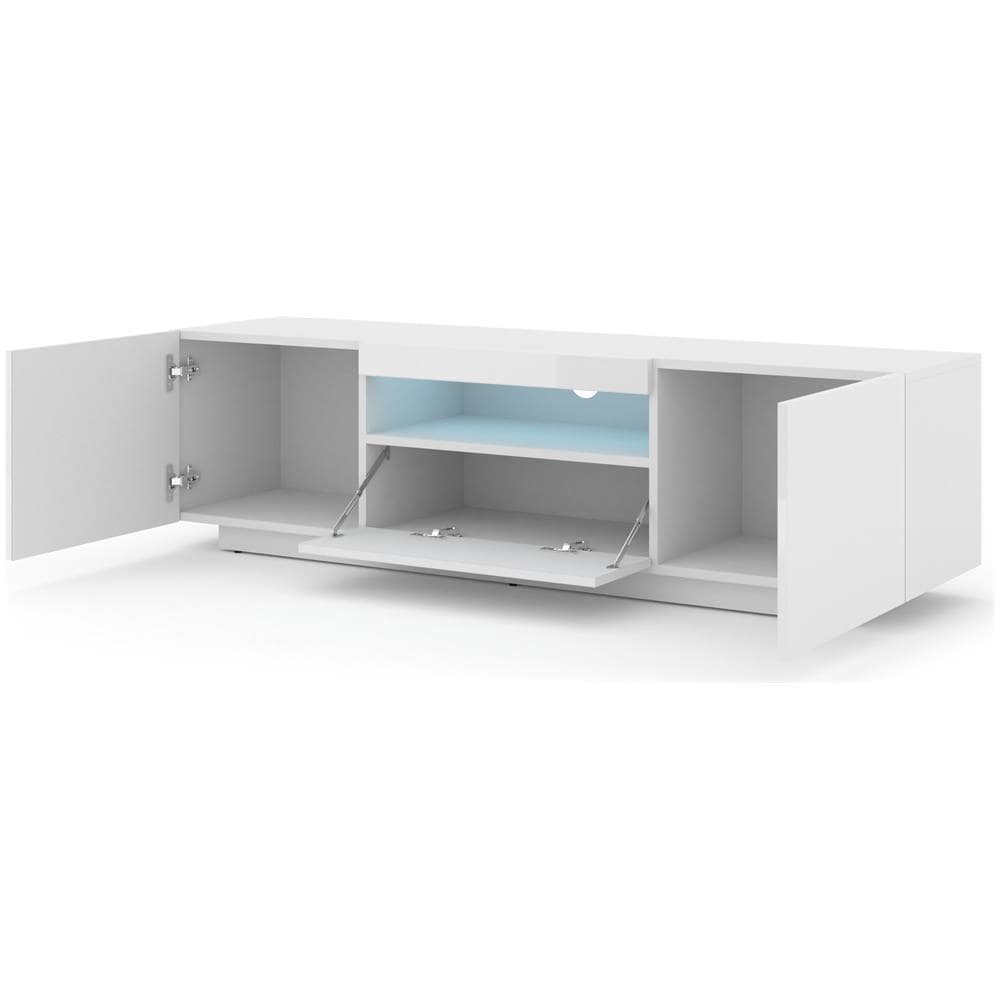 Lowboard Aura - Armadio Per Tv Da 150 Cm, Da Appendere O In Piedi, Universale, Per Tv, Credenza, Hifi (bianco Lucido Con Led)  - Foto 2