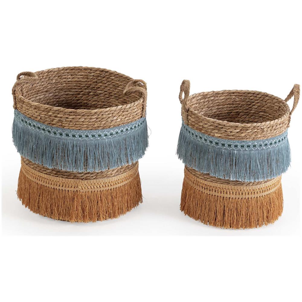 Set Di 2 Cestini Indie In Fibra Naturale Con Manici, Blu /arancione - Foto 1