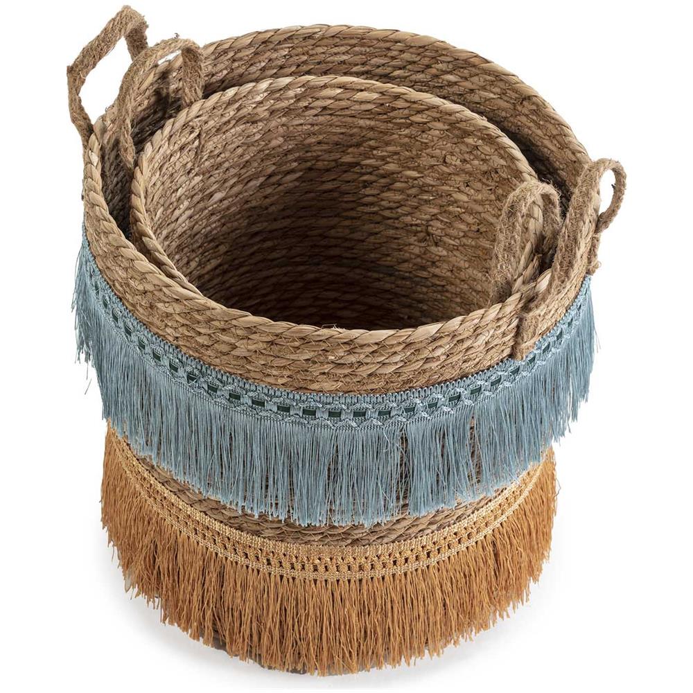 Set Di 2 Cestini Indie In Fibra Naturale Con Manici, Blu /arancione - Foto 2