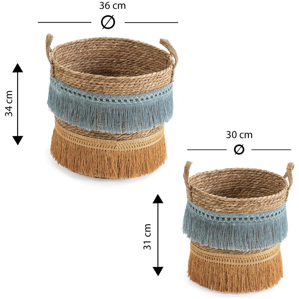 Set Di 2 Cestini Indie In Fibra Naturale Con Manici, Blu /arancione - Foto 5