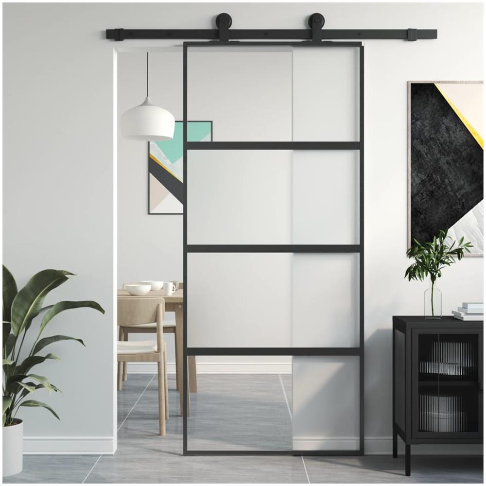 Porta Scorrevole Nera 90x205 Cm In Vetro Temperato E Alluminio - Foto 1