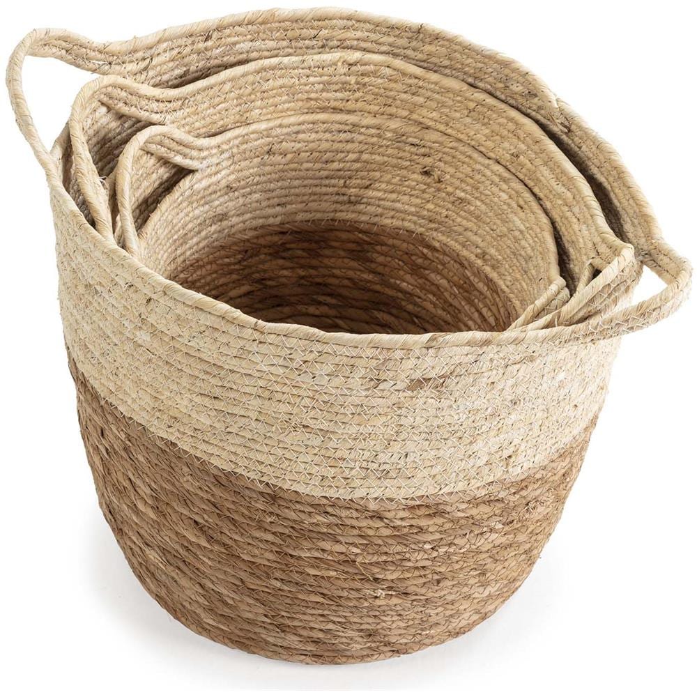 Set Di 3 Cestini Brais In Fibra Naturale Con Manici, Bianco /naturale - Foto 2