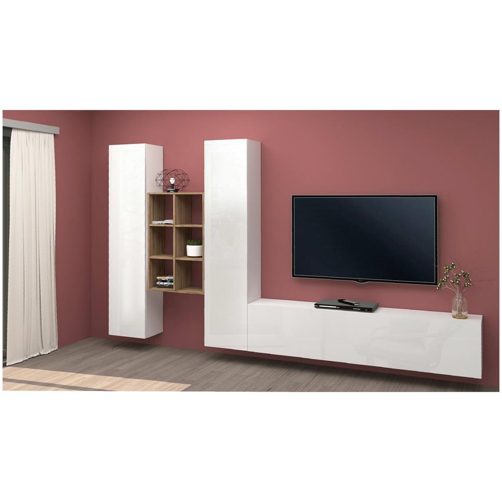 Parete Attrezzata Emiliano, Set Salotto Porta Tv A 3 Ante, Mobile Soggiorno Multiuso, 100% Made In Italy, Cm 320x30h180, Bianco Lucido E Acero - Foto 1