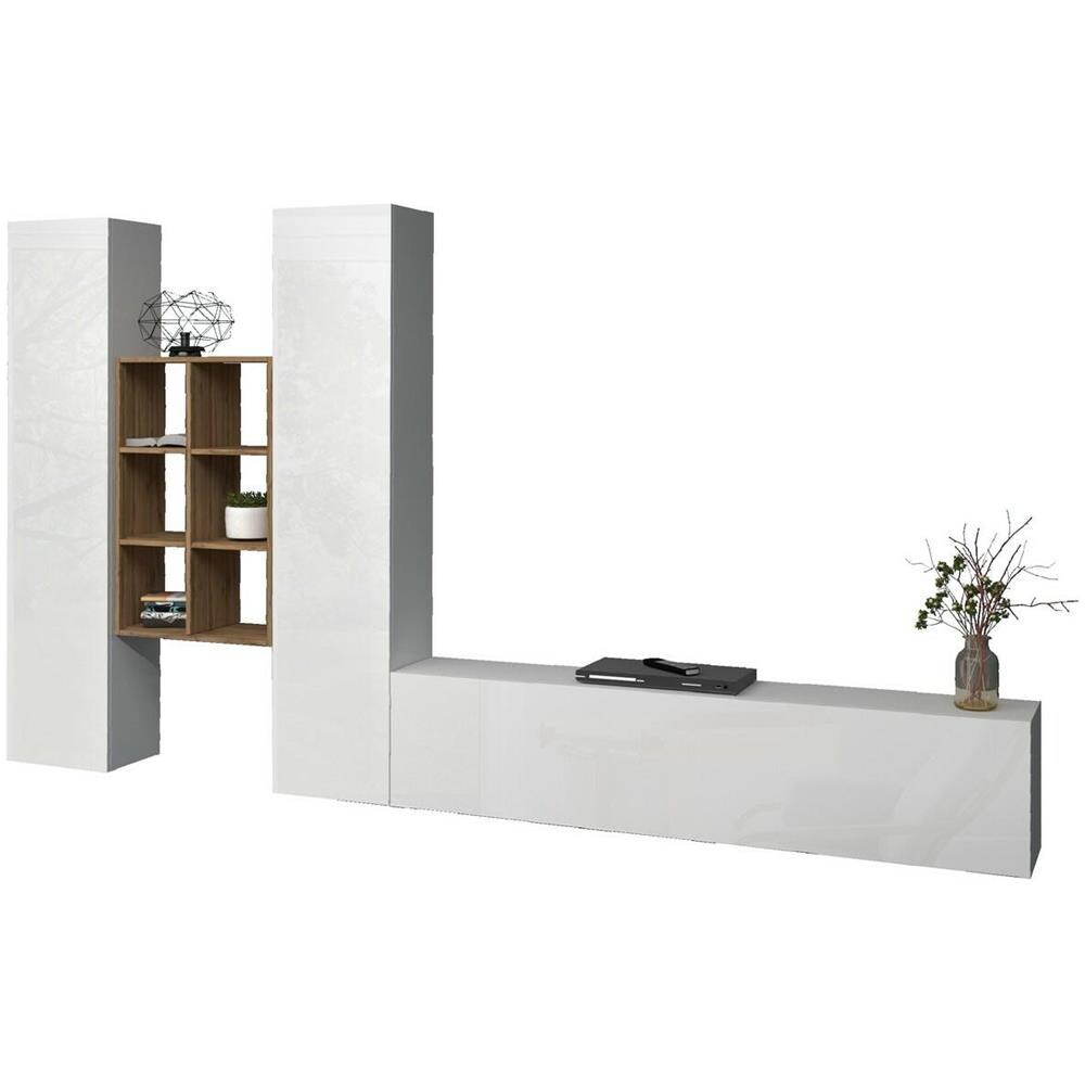 Parete Attrezzata Emiliano, Set Salotto Porta Tv A 3 Ante, Mobile Soggiorno Multiuso, 100% Made In Italy, Cm 320x30h180, Bianco Lucido E Acero - Foto 2
