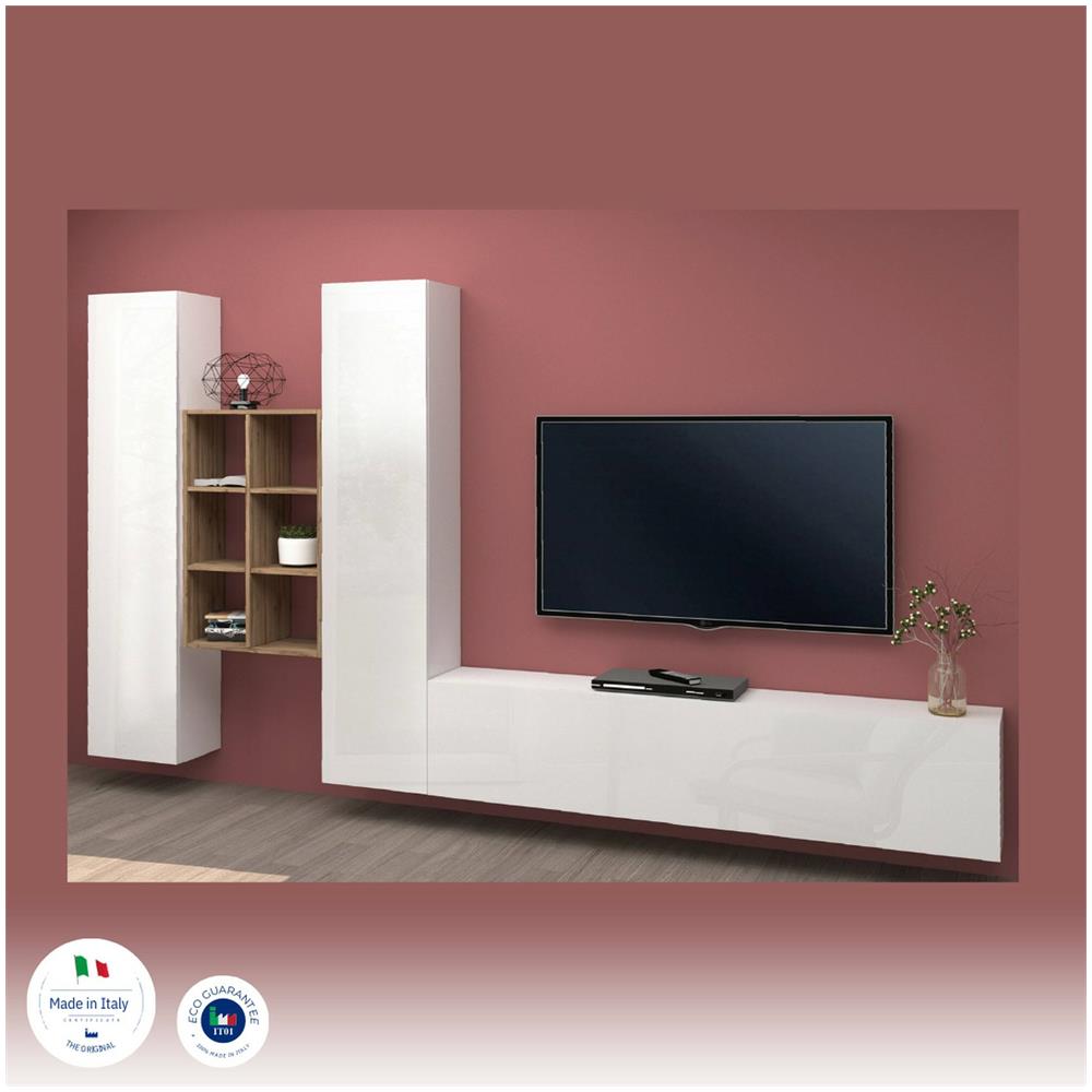 Parete Attrezzata Emiliano, Set Salotto Porta Tv A 3 Ante, Mobile Soggiorno Multiuso, 100% Made In Italy, Cm 320x30h180, Bianco Lucido E Acero - Foto 4