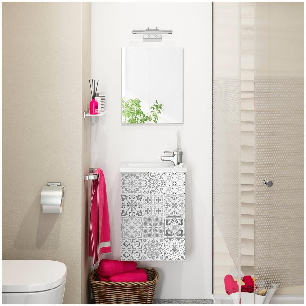 Mobile Sottolavabo Akamaru, Mobiletto Per Bagno Sospeso, Armadio A 1 Anta Con Specchio E Lavabo, 40x22h58 Cm, Bianco Lucido E Cemento - Foto 1