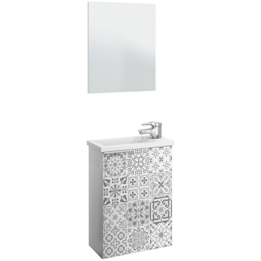 Mobile Sottolavabo Akamaru, Mobiletto Per Bagno Sospeso, Armadio A 1 Anta Con Specchio E Lavabo, 40x22h58 Cm, Bianco Lucido E Cemento - Foto 2
