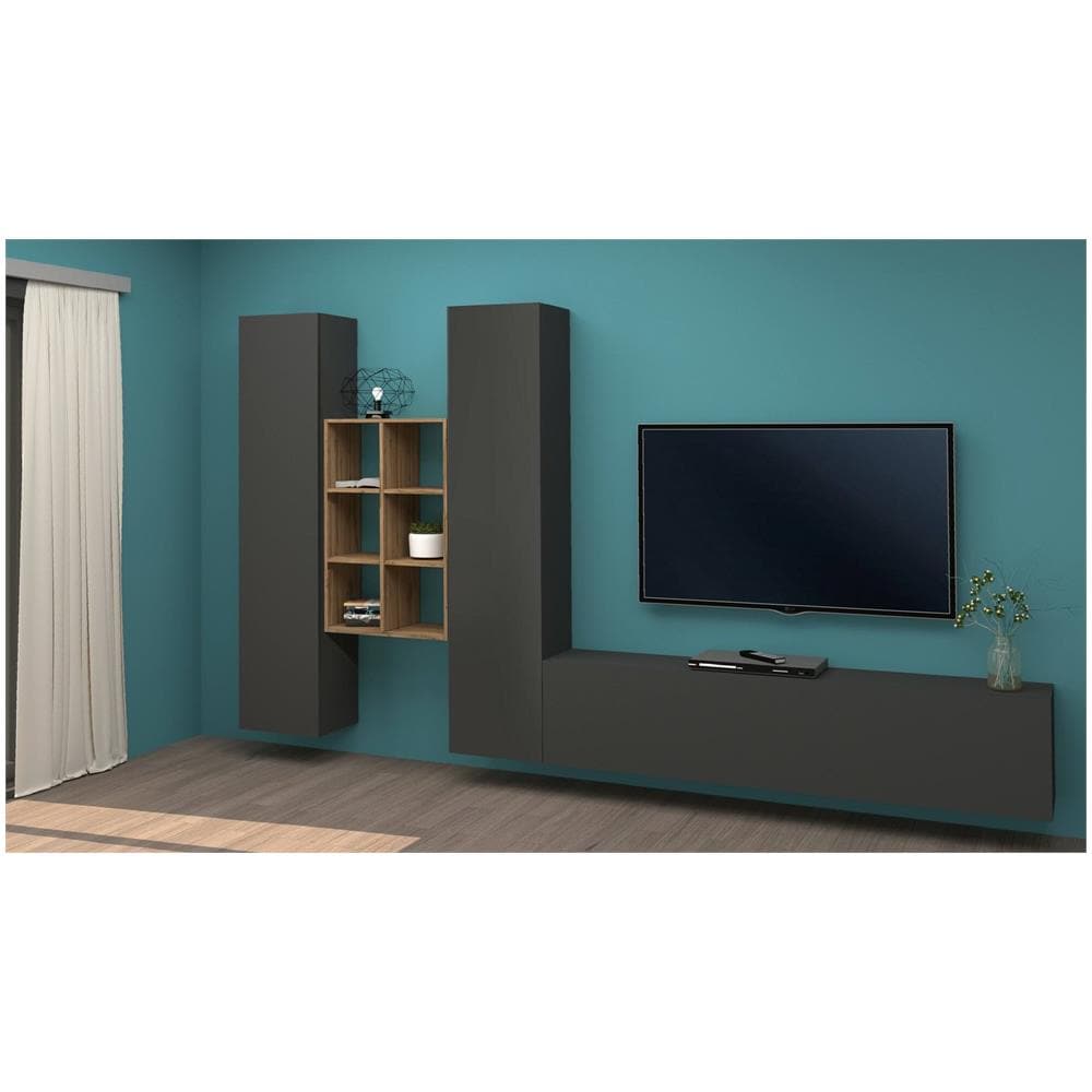 Parete Attrezzata Emiliano, Set Salotto Porta Tv A 3 Ante, Mobile Soggiorno Multiuso, 100% Made In Italy, Cm 320x30h180, Antracite E Acero - Foto 1