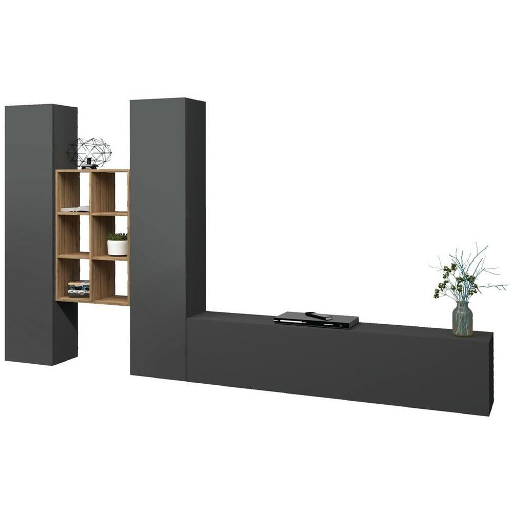 Parete Attrezzata Emiliano, Set Salotto Porta Tv A 3 Ante, Mobile Soggiorno Multiuso, 100% Made In Italy, Cm 320x30h180, Antracite E Acero - Foto 2