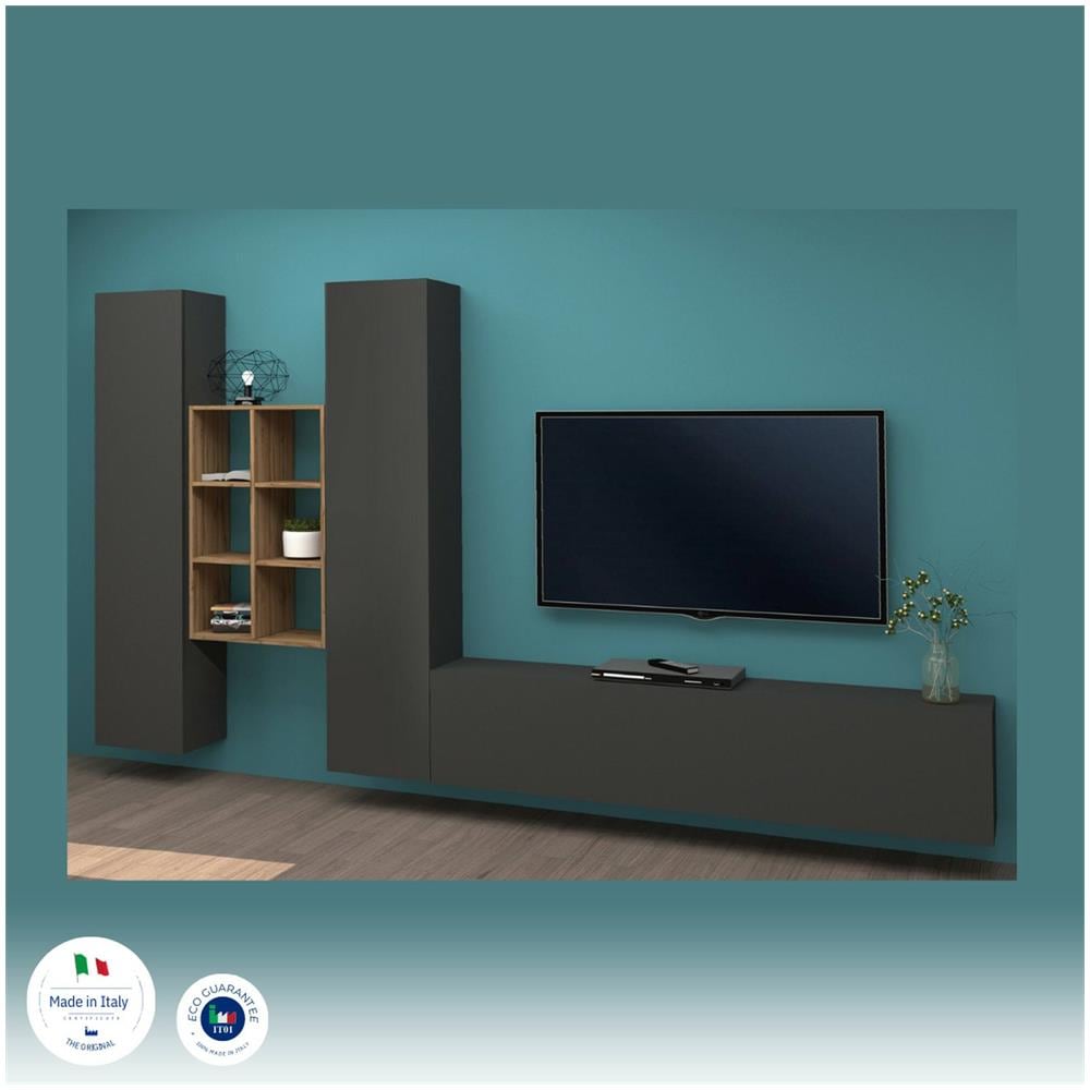 Parete Attrezzata Emiliano, Set Salotto Porta Tv A 3 Ante, Mobile Soggiorno Multiuso, 100% Made In Italy, Cm 320x30h180, Antracite E Acero - Foto 4