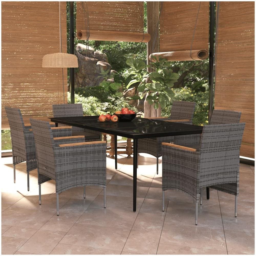 Set Da Pranzo Per Giardino 7 Pz Con Cuscini Grigio E Nero - Foto 1