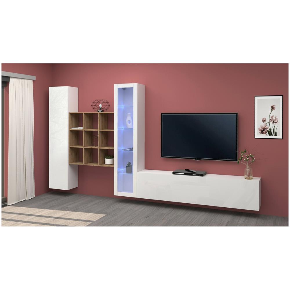 Parete Attrezzata Emilio, Set Salotto Porta Tv A 3 Ante, Mobile Soggiorno Multiuso Con Vetrina E Luce Led, 100% Made In Italy, Cm 310x30h180, Bianco Lucido E Acero - Foto 1