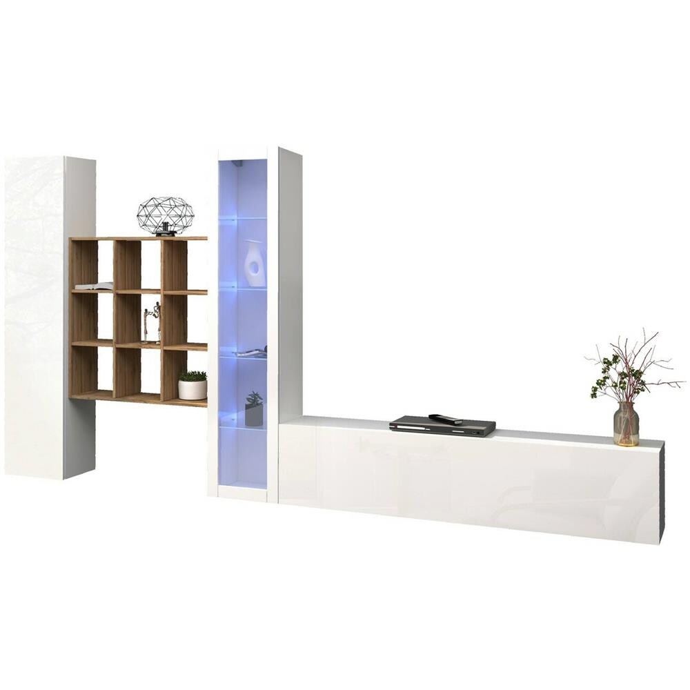 Parete Attrezzata Emilio, Set Salotto Porta Tv A 3 Ante, Mobile Soggiorno Multiuso Con Vetrina E Luce Led, 100% Made In Italy, Cm 310x30h180, Bianco Lucido E Acero - Foto 2