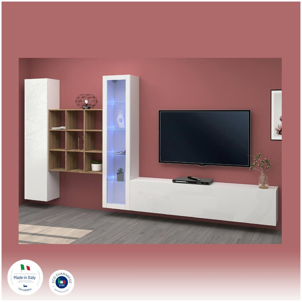 Parete Attrezzata Emilio, Set Salotto Porta Tv A 3 Ante, Mobile Soggiorno Multiuso Con Vetrina E Luce Led, 100% Made In Italy, Cm 310x30h180, Bianco Lucido E Acero - Foto 4