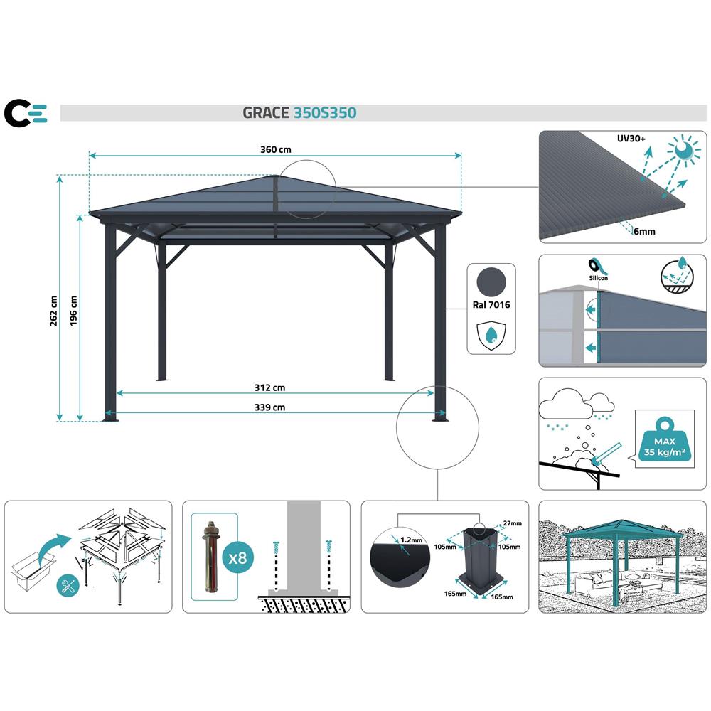 Gazebo Da Giardino In Alluminio Grace 350s350 Grigio Antracite - Foto 8