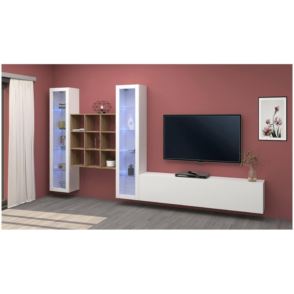 Parete Attrezzata Egidio, Set Salotto Porta Tv A 3 Ante, Mobile Soggiorno Multiuso Con Vetrina E Luce Led, 100% Made In Italy, Cm 350x30h180, Bianco Lucido E Acero - Foto 1