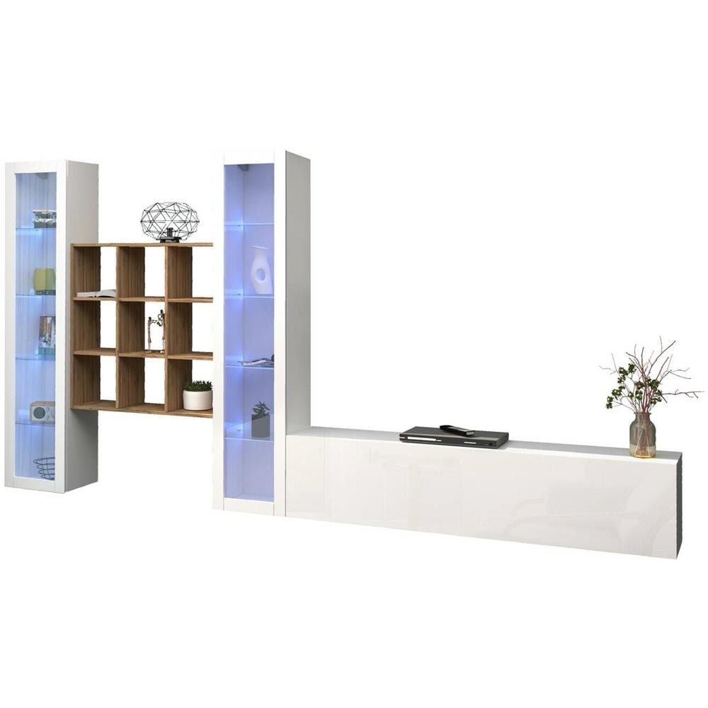 Parete Attrezzata Egidio, Set Salotto Porta Tv A 3 Ante, Mobile Soggiorno Multiuso Con Vetrina E Luce Led, 100% Made In Italy, Cm 350x30h180, Bianco Lucido E Acero - Foto 2
