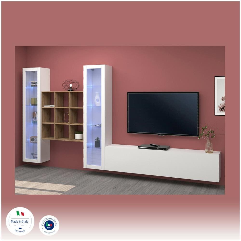 Parete Attrezzata Egidio, Set Salotto Porta Tv A 3 Ante, Mobile Soggiorno Multiuso Con Vetrina E Luce Led, 100% Made In Italy, Cm 350x30h180, Bianco Lucido E Acero - Foto 4