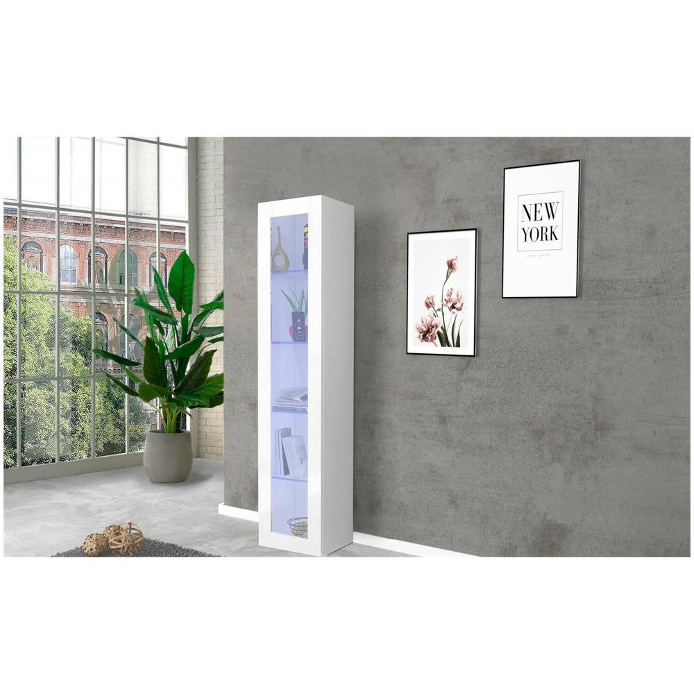 Vetrina Enea, Credenza Con Ripiani In Vetro, Mobile Da Soggiorno Multiuso Con Luce Led, 100% Made In Italy, Cm 40x30h180, Bianco Lucido - Foto 1