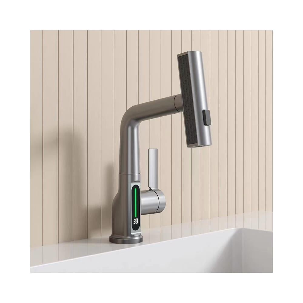 Rubinetto per lavabo da bagno, Blackswan, tipo M327, modello smart grigio antracite, con display LCD, 3 modalità e doccia a cascata mobile, dimensioni 23 cm - Foto 4