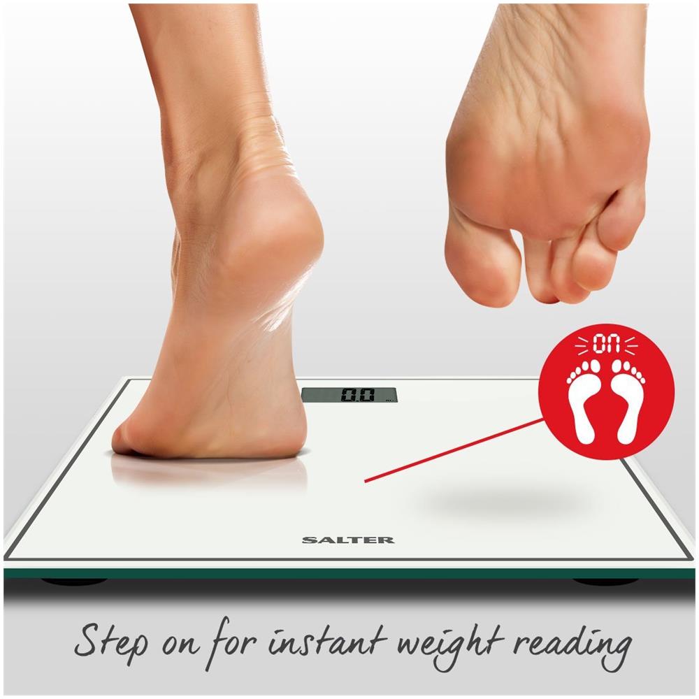 Bilancia Da Bagno Salter Compact Digital - Vetro Temperato Misurare Il Corpo Peso Metrico Imperiale Di Facile Visualizzazione Leggi Digitale Istantanea Lettura Precisa W Step-on 15yr Garanzia - Bianco - Foto 4