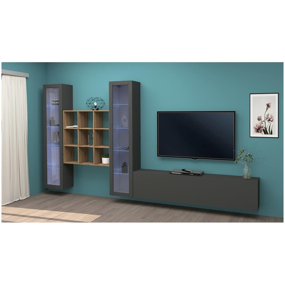 Parete Attrezzata Egidio, Set Salotto Porta Tv A 3 Ante, Mobile Soggiorno Multiuso Con Vetrina E Luce Led, 100% Made In Italy, Cm 350x30h180, Antracite E Acero - Foto 1