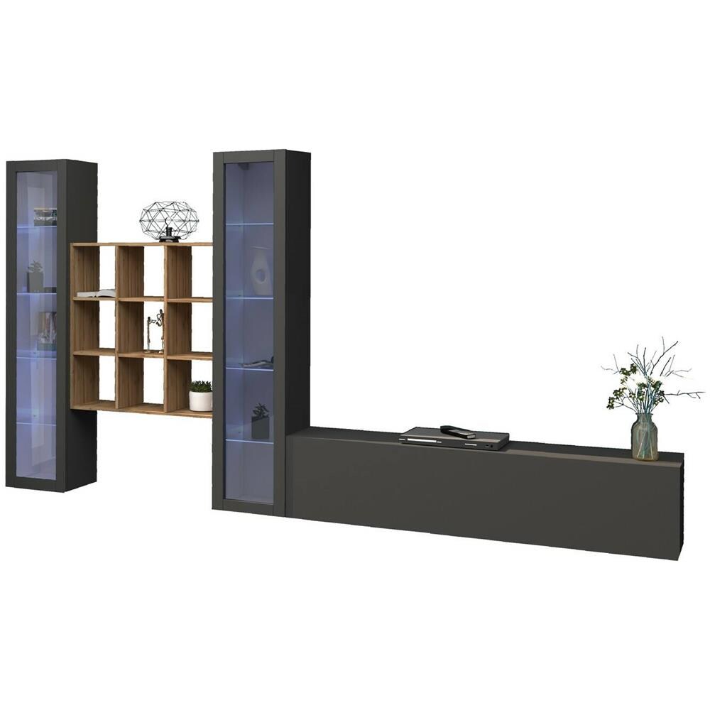 Parete Attrezzata Egidio, Set Salotto Porta Tv A 3 Ante, Mobile Soggiorno Multiuso Con Vetrina E Luce Led, 100% Made In Italy, Cm 350x30h180, Antracite E Acero - Foto 2