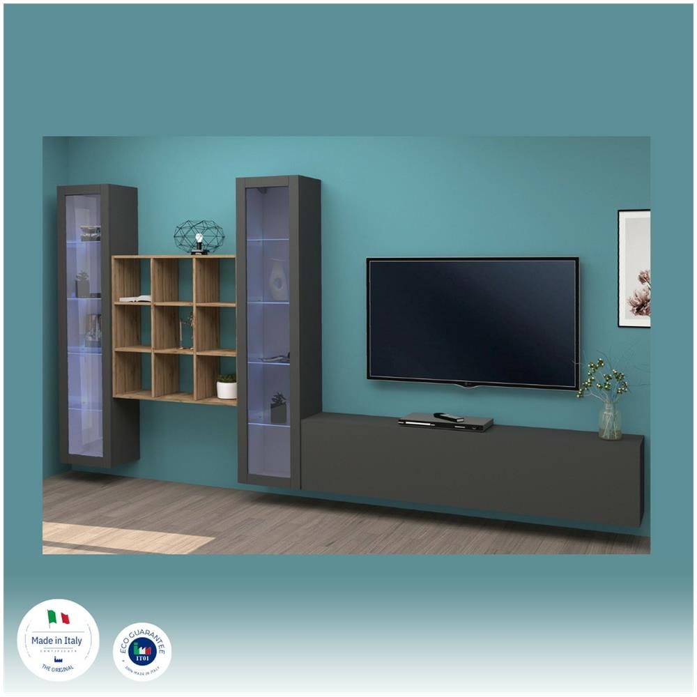Parete Attrezzata Egidio, Set Salotto Porta Tv A 3 Ante, Mobile Soggiorno Multiuso Con Vetrina E Luce Led, 100% Made In Italy, Cm 350x30h180, Antracite E Acero - Foto 4