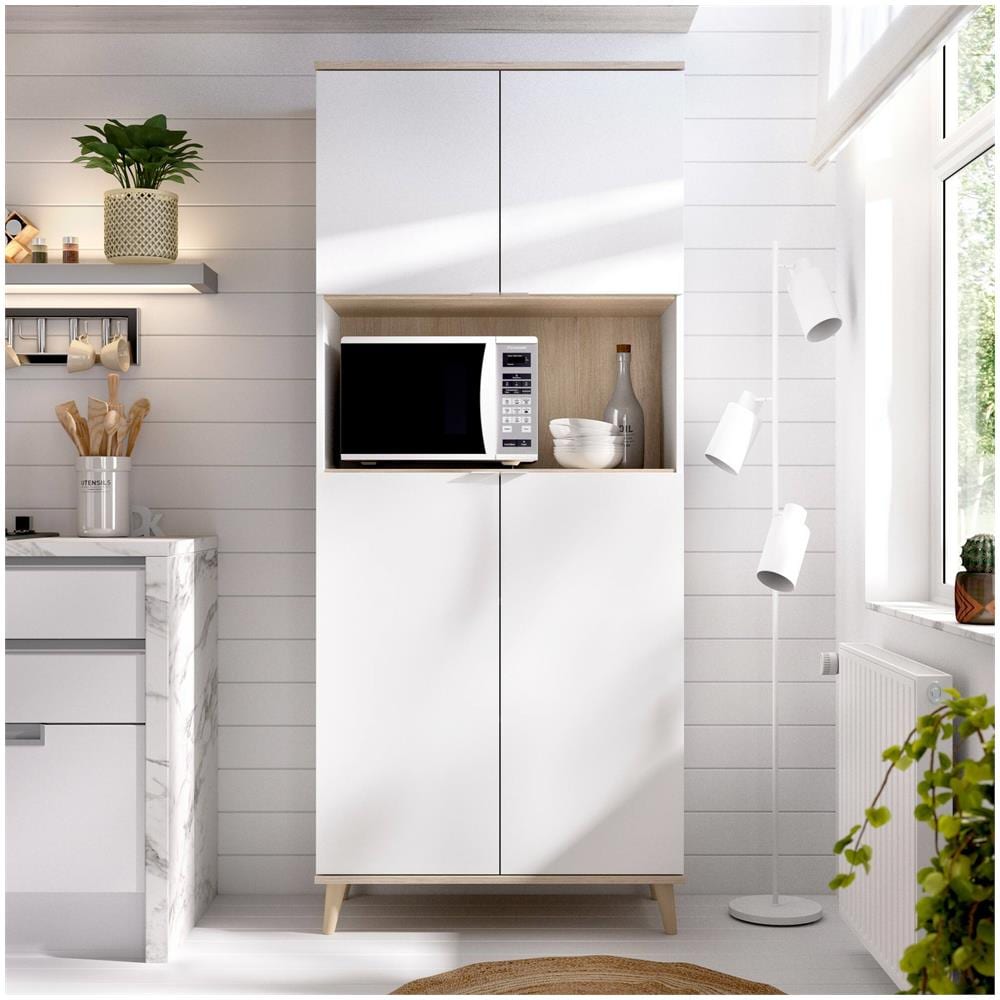 Credenza Spino, Buffet Dispensa Da Soggiorno, Madia Da Salotto Moderna A 4 Ante, 80x40h191 Cm, Bianco E Rovere - Foto 1