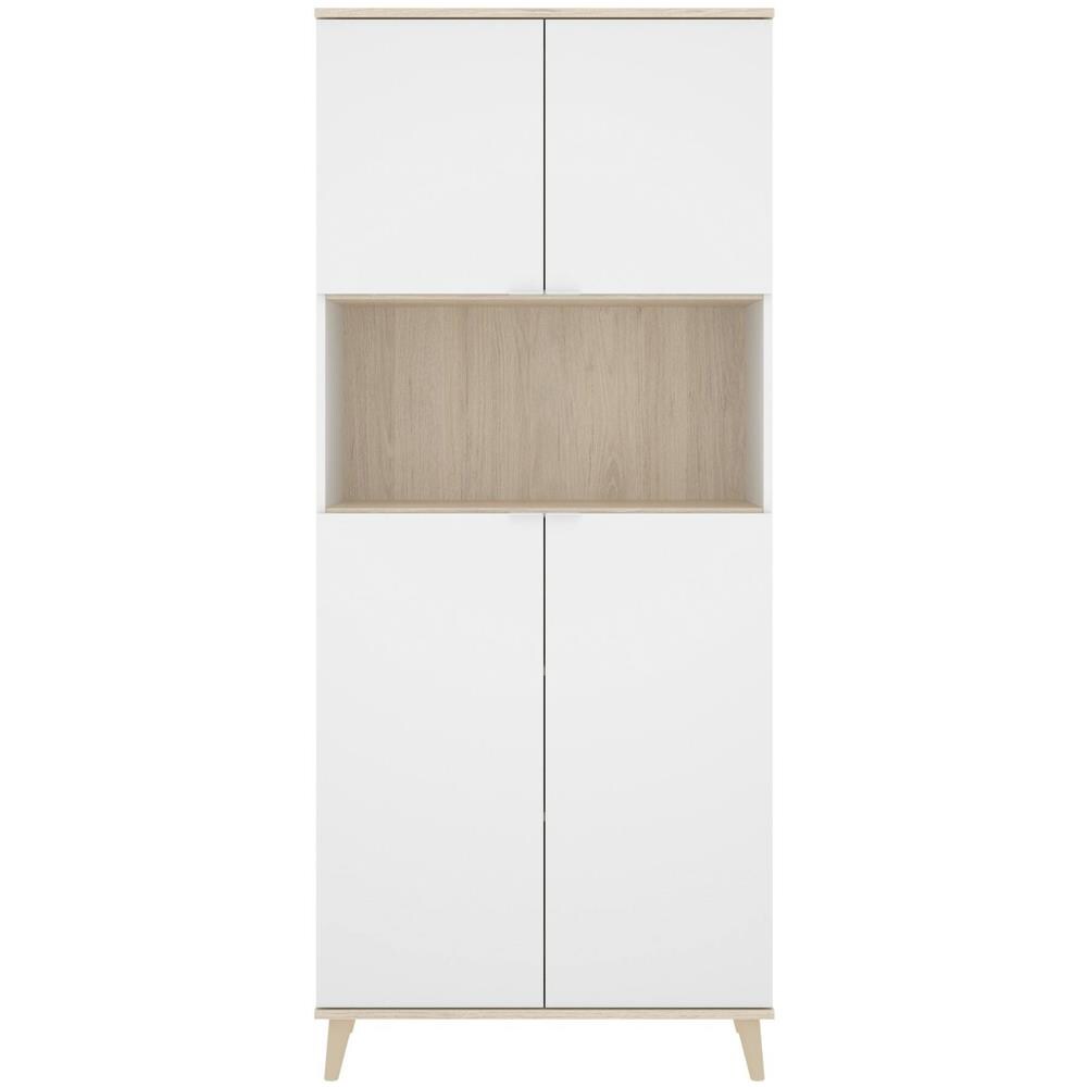 Credenza Spino, Buffet Dispensa Da Soggiorno, Madia Da Salotto Moderna A 4 Ante, 80x40h191 Cm, Bianco E Rovere - Foto 2