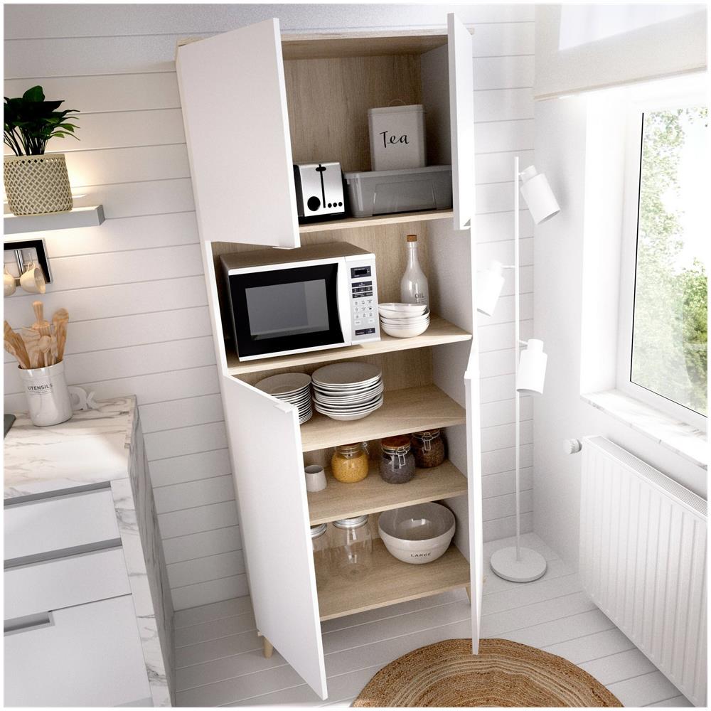 Credenza Spino, Buffet Dispensa Da Soggiorno, Madia Da Salotto Moderna A 4 Ante, 80x40h191 Cm, Bianco E Rovere - Foto 4