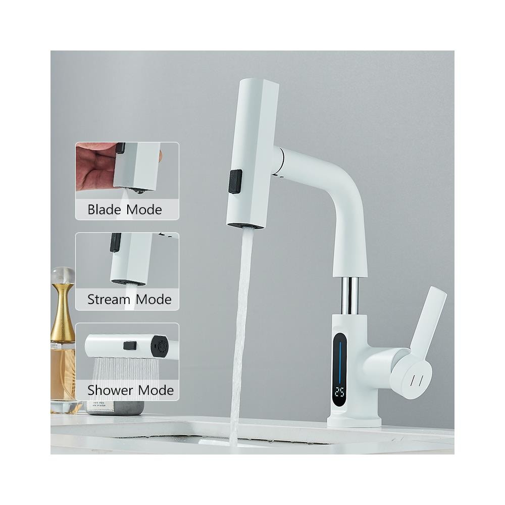 Rubinetto per lavabo da bagno, Blackswan, tipo M326, modello smart bianco, con display LCD, 3 modalità e doccia a cascata mobile, dimensioni 23 cm - Foto 2