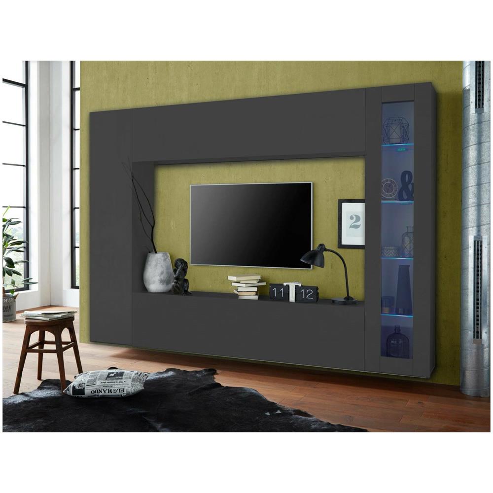 Parete Attrezzata Donatello, Set Salotto Porta Tv, Mobile Soggiorno Multiuso Con Vetrina E Luce Led, 100% Made In Italy, Cm 260x30h180, Antracite - Foto 1