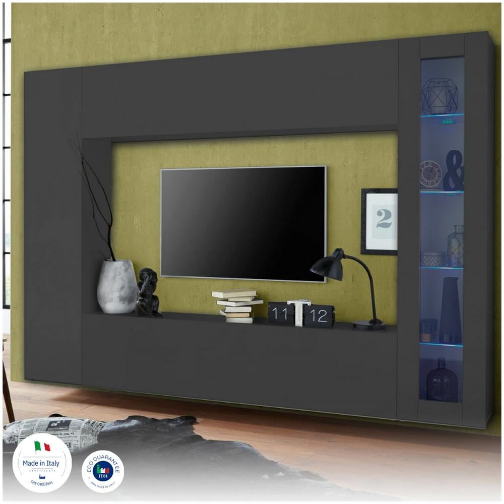 Parete Attrezzata Donatello, Set Salotto Porta Tv, Mobile Soggiorno Multiuso Con Vetrina E Luce Led, 100% Made In Italy, Cm 260x30h180, Antracite - Foto 4
